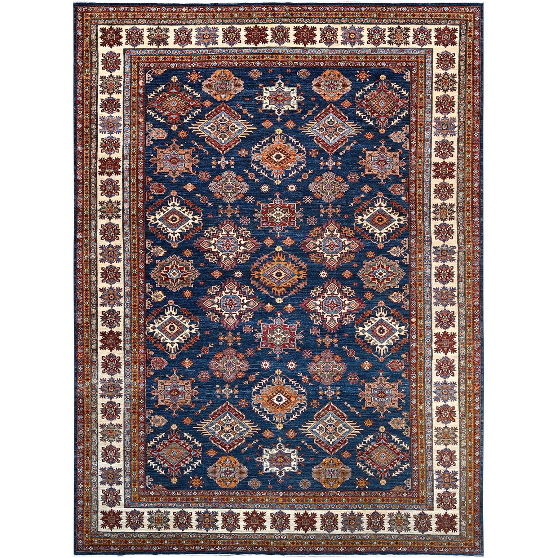 Pantone Blue, Shiny Wool Hand Knotted Afghan Super Kazak with Tribal Medallions Design, Vegetable Dyes, Densely Woven Oriental Rug